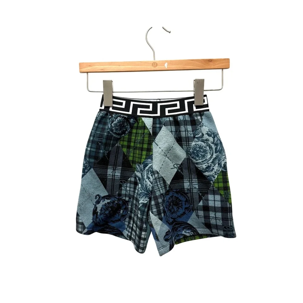 Versace‎ Kids Mixed Print Greca Waistband Shorts Blue Green 4Y Made in Italy